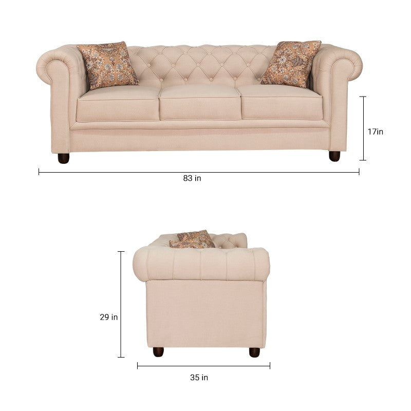 Grace Chesterfield 3 Seater Sofa in Premium Polyester Fabric in Ivory Colour