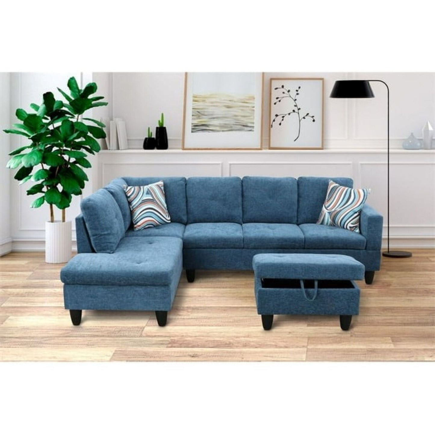 Christen 5 Seater L Shape Fabric Sofa Set with Storage Ottoman