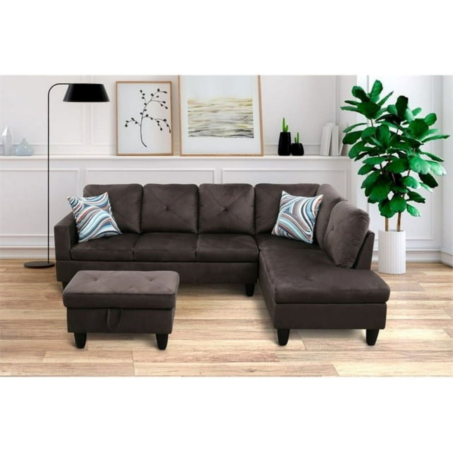 Christen 5 Seater L Shape Fabric Sofa Set with Storage Ottoman