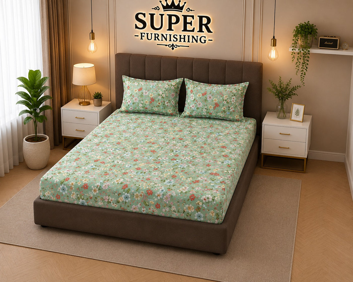 Green Floral Cotton Elastic Fitted King Size Double Bed Bedsheet with 2 Pillow Covers - SUPER FURNISHING