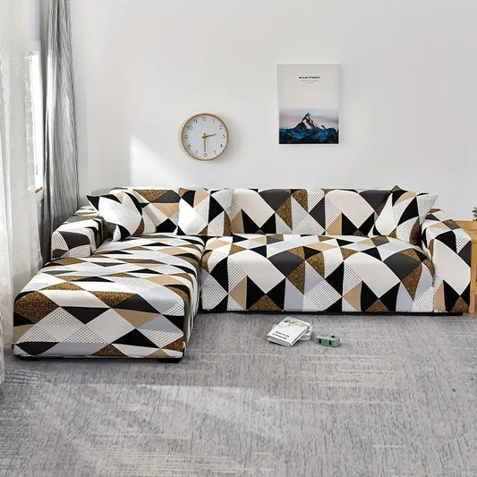L Shape Sofa Cover- Geometric Brown - Luxury Quality Strechable & Dust-proof Sofa Cover