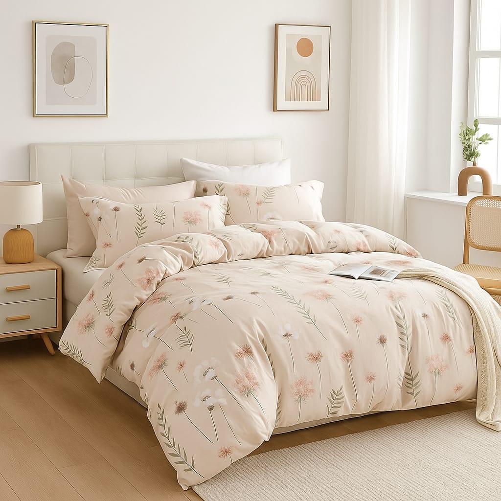 Light Cream Pastel Floral Print/ Pure Cotton King Size Bedsheet - Super Furnishing