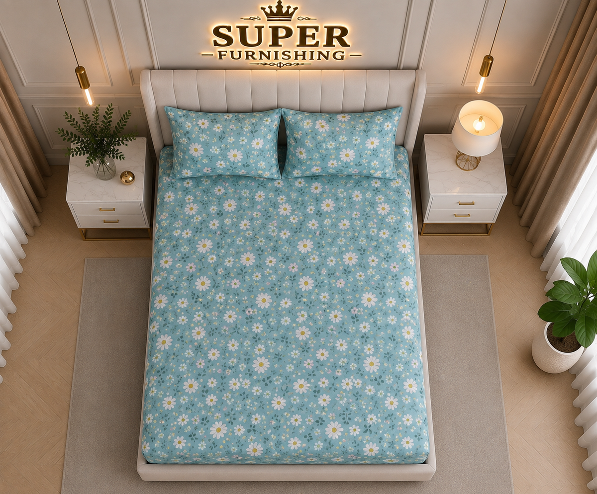 Blue Floral Cotton Elastic Fitted King Size Double Bed Bedsheet with 2 Pillow Covers - SUPER FURNISHING  BUY 1 GET 1 FREE
