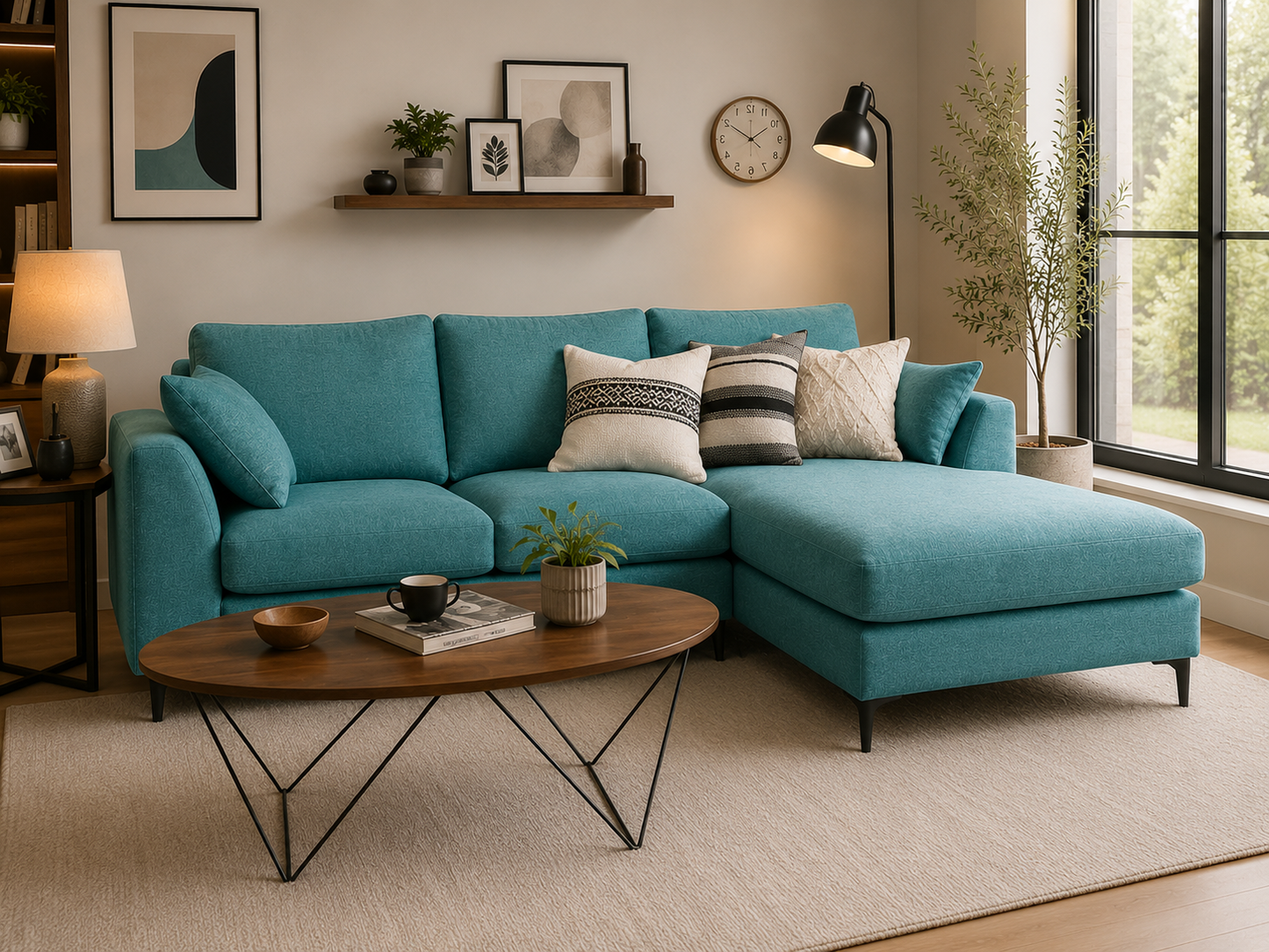 Flora 4 Seater L Shape Fabric Sofa For Living Room