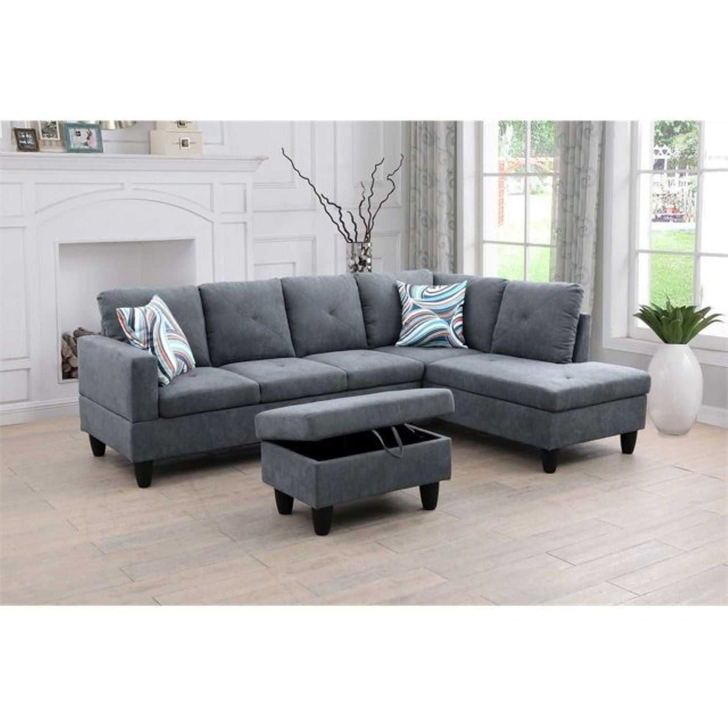 Christen 5 Seater L Shape Fabric Sofa Set with Storage Ottoman