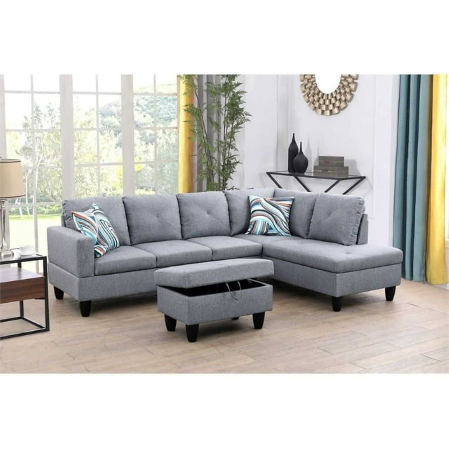 Christen 5 Seater L Shape Fabric Sofa Set with Storage Ottoman