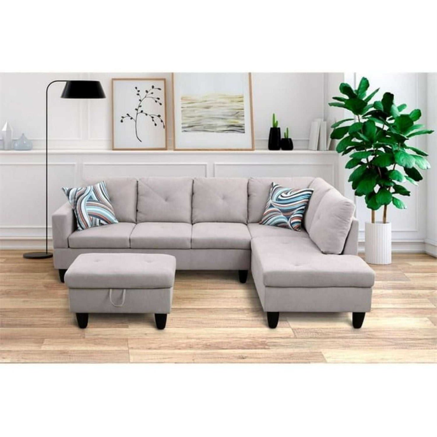 Christen 5 Seater L Shape Fabric Sofa Set with Storage Ottoman