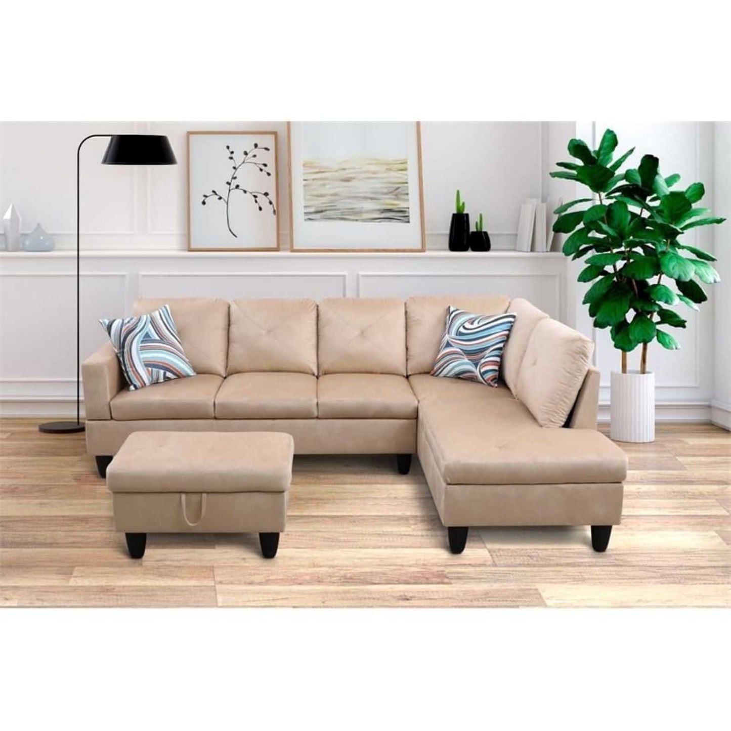 Christen 5 Seater L Shape Fabric Sofa Set with Storage Ottoman