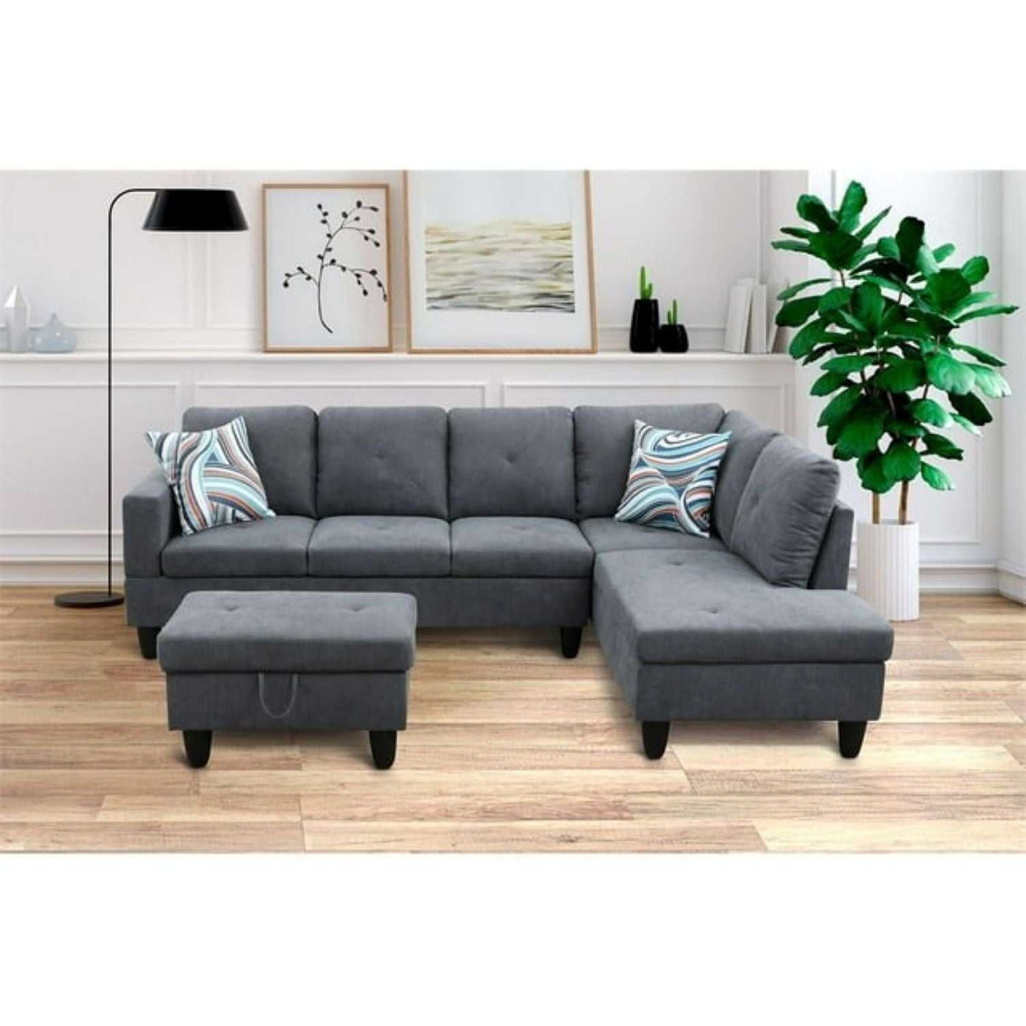 Christen 5 Seater L Shape Fabric Sofa Set with Storage Ottoman