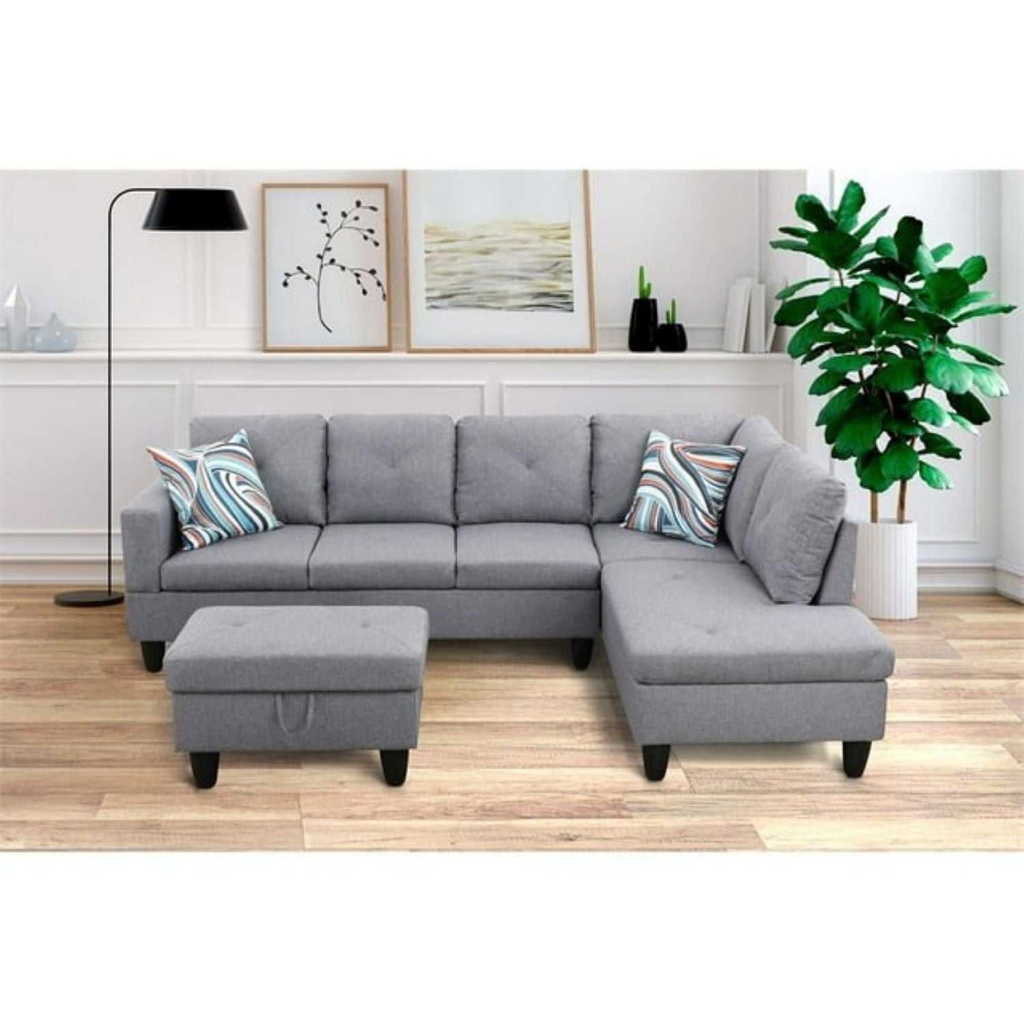 Christen 5 Seater L Shape Fabric Sofa Set with Storage Ottoman