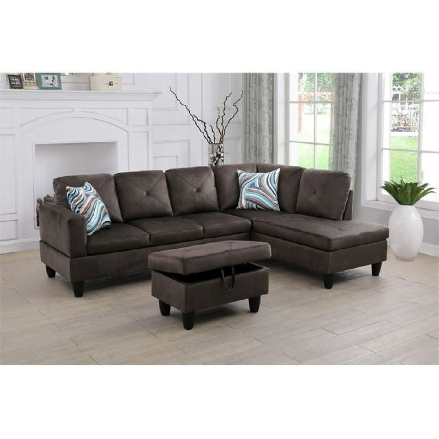 Christen 5 Seater L Shape Fabric Sofa Set with Storage Ottoman