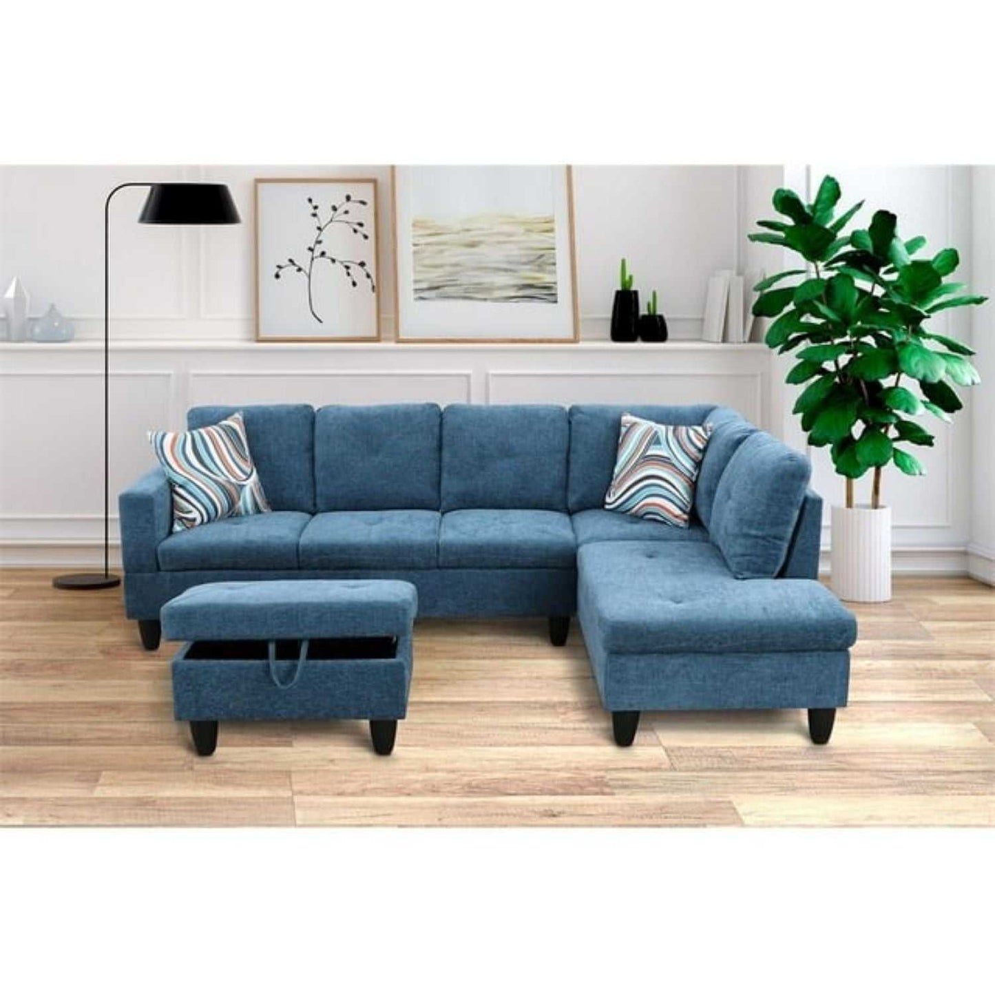 Christen 5 Seater L Shape Fabric Sofa Set with Storage Ottoman