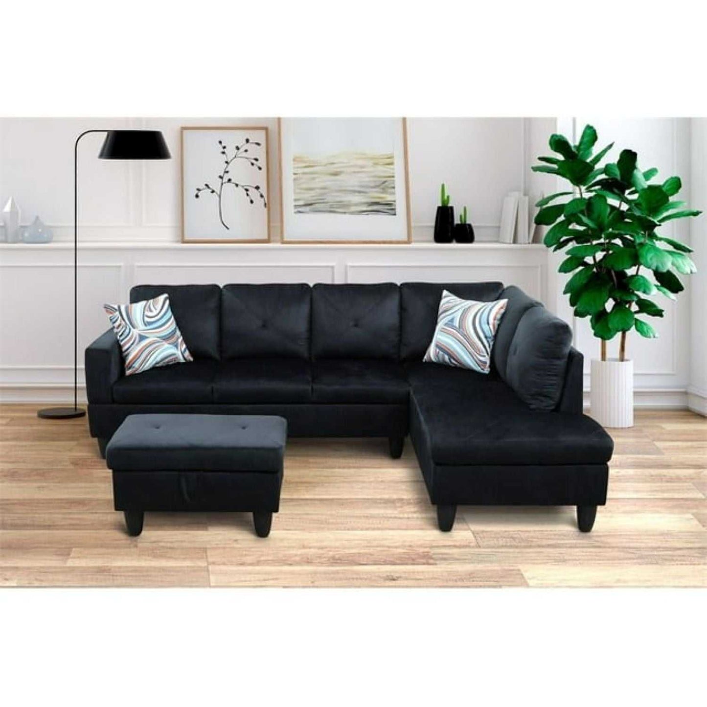 Christen 5 Seater L Shape Fabric Sofa Set with Storage Ottoman