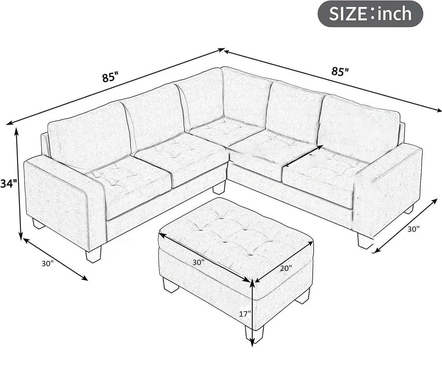 Christopher 5 Seater L Shape Fabric Sofa with Ottoman | Torque India Premium Corner Sofa