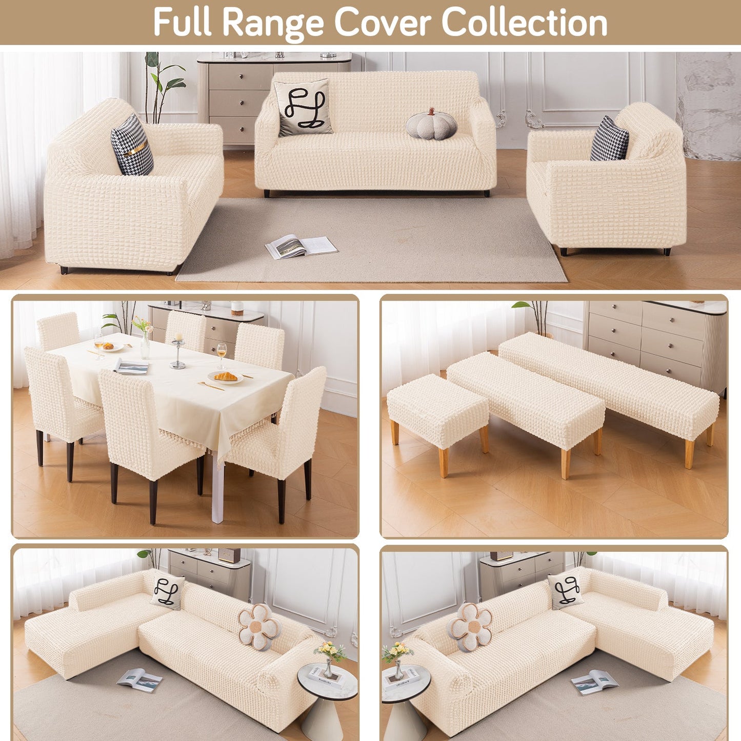Aria Nova Elastic 280 GSM Stretchable Bubble Sofa Cover, Light Cream