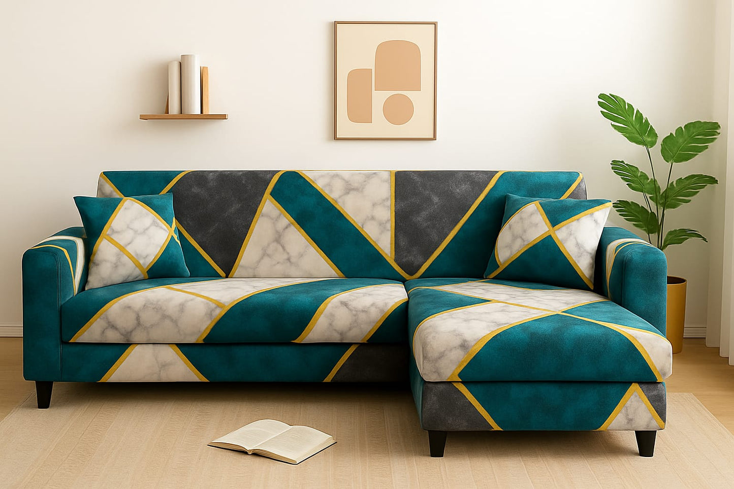 L Shape Sofa Cover- Fern Grey - Luxury Quality Strechable & Dust-proof Sofa Cover