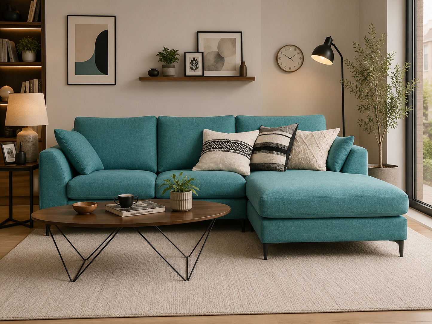 Flora 4 Seater L Shape Fabric Sofa For Living Room