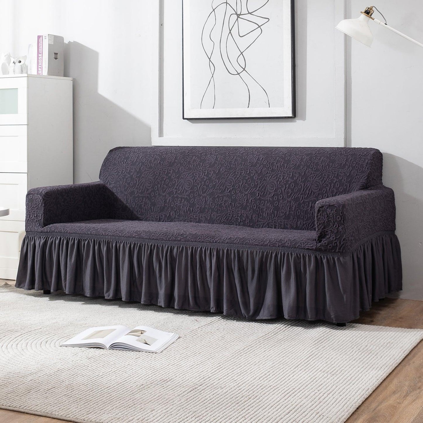Elastic Stretchable Designer Woven Jacquard Sofa Cover with Frill, Abbey Grey