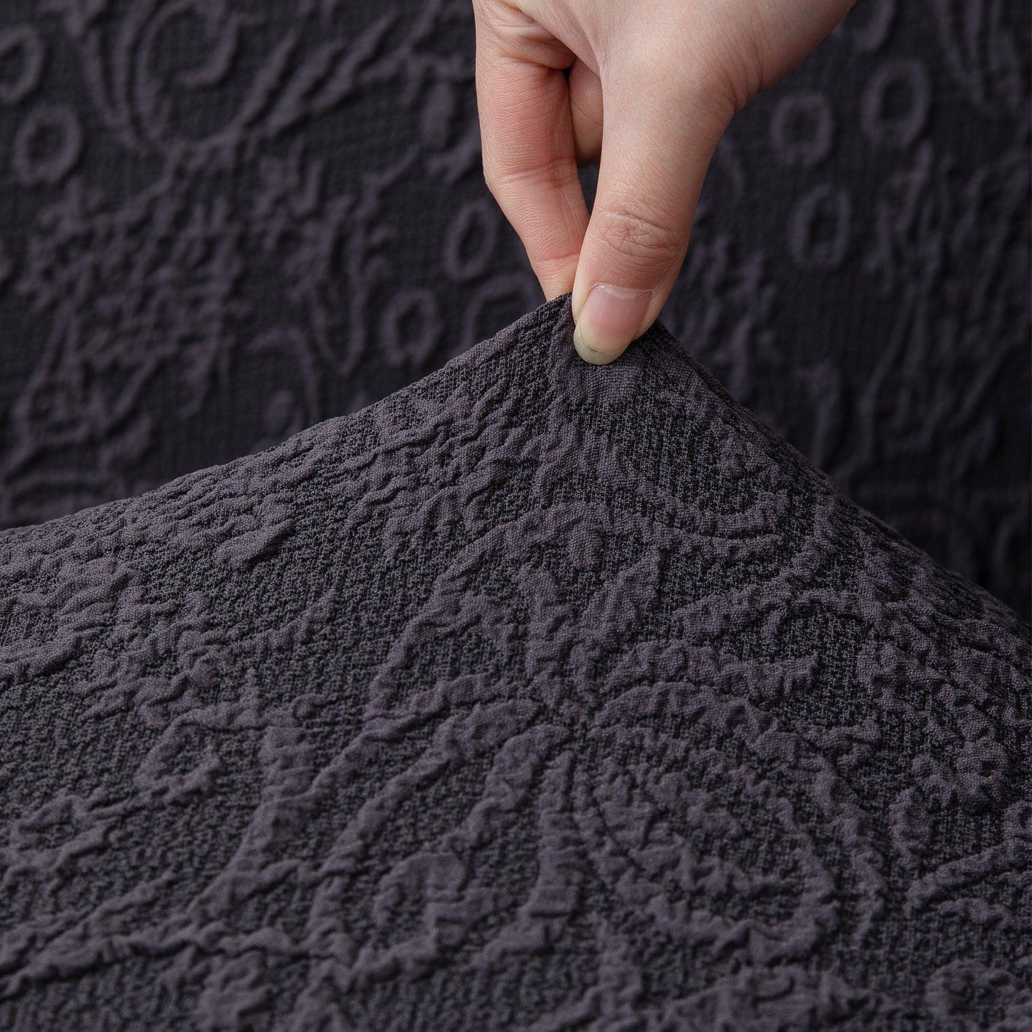 Elastic Stretchable Designer Woven Jacquard Sofa Cover with Frill, Abbey Grey