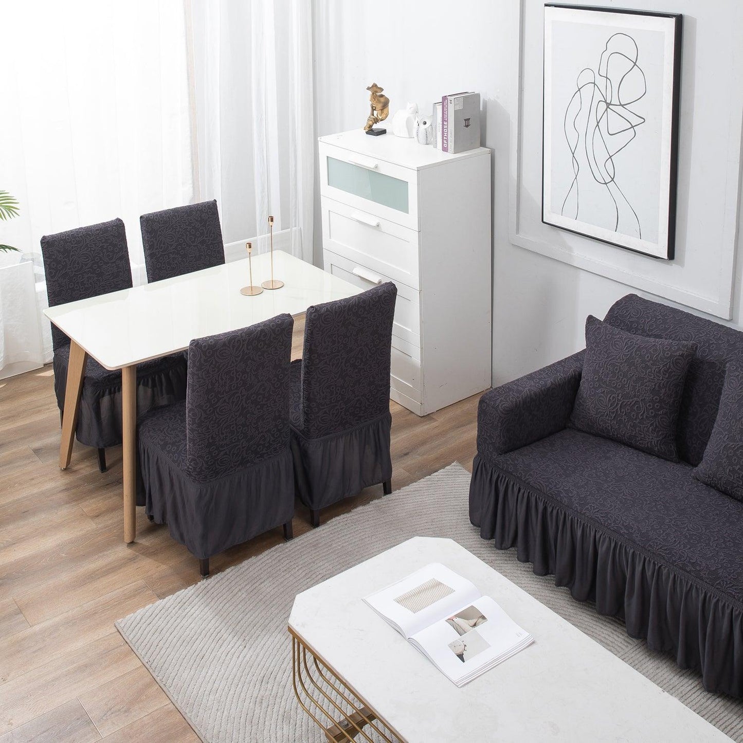 Elastic Stretchable Designer Woven Jacquard Sofa Cover with Frill, Abbey Grey