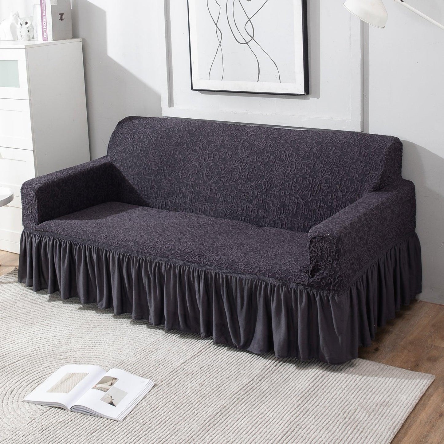 Elastic Stretchable Designer Woven Jacquard Sofa Cover with Frill, Abbey Grey