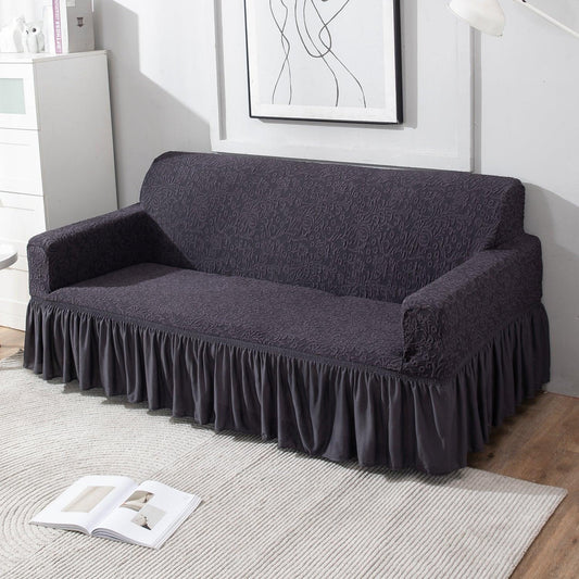 Elastic Stretchable Designer Woven Jacquard Sofa Cover with Frill, Abbey Grey