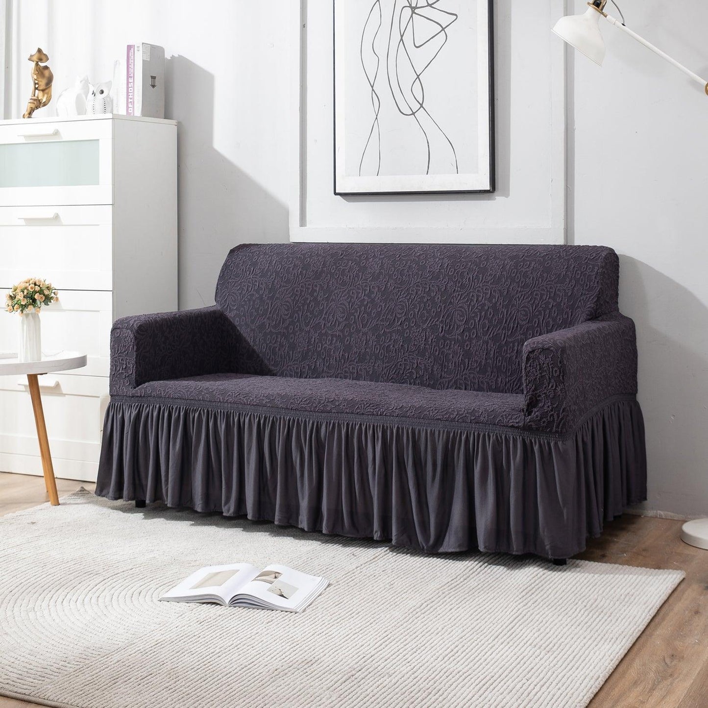 Elastic Stretchable Designer Woven Jacquard Sofa Cover with Frill, Abbey Grey