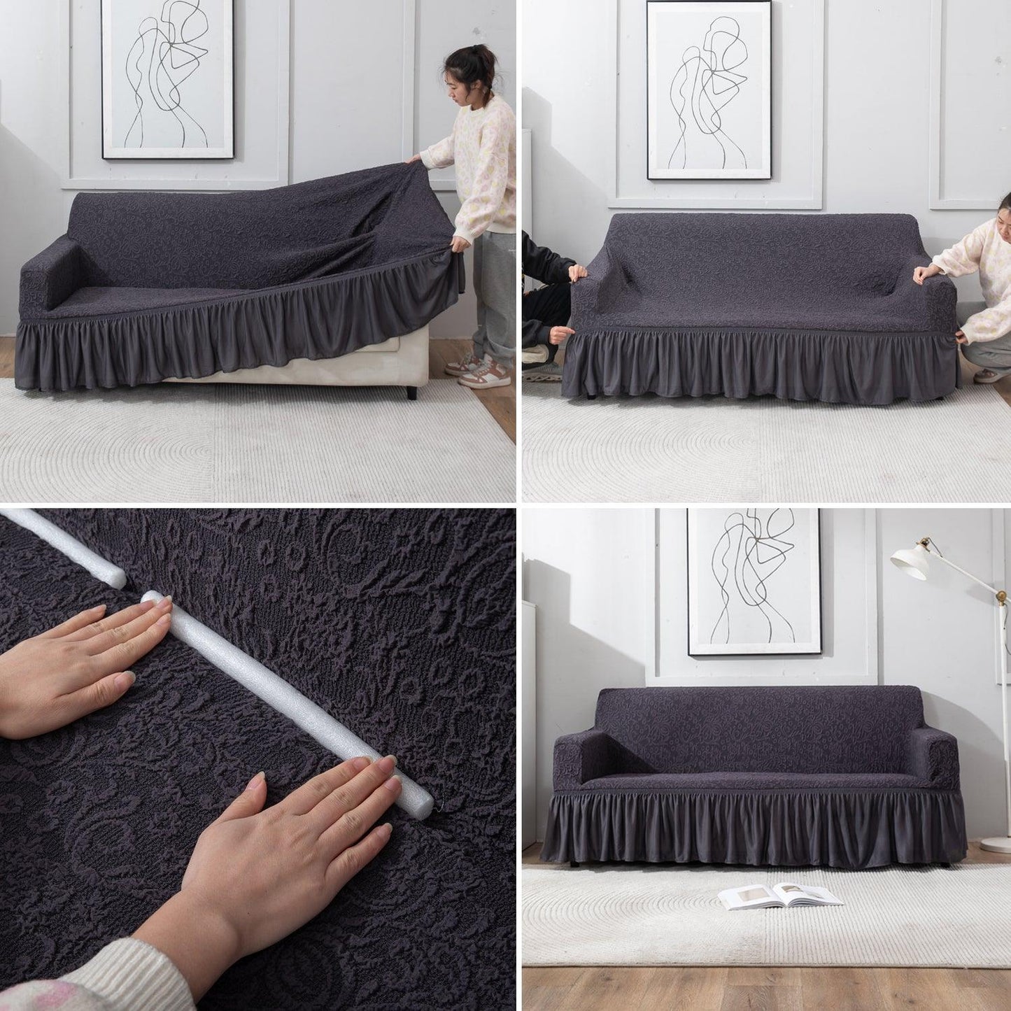 Elastic Stretchable Designer Woven Jacquard Sofa Cover with Frill, Abbey Grey