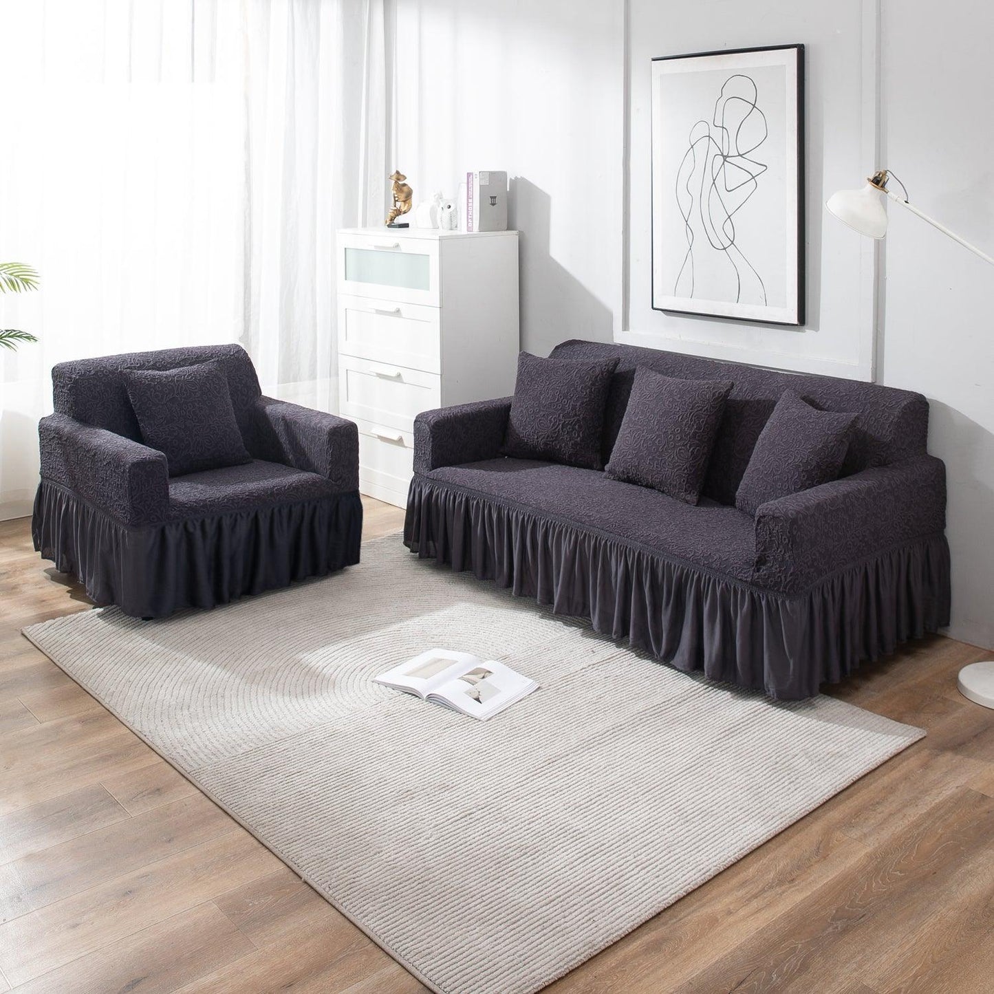 Elastic Stretchable Designer Woven Jacquard Sofa Cover with Frill, Abbey Grey