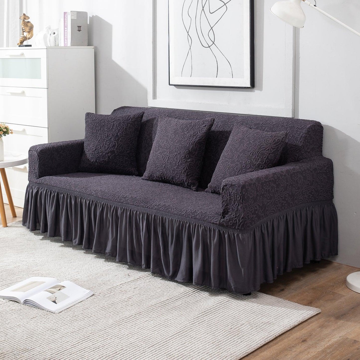 Elastic Stretchable Designer Woven Jacquard Sofa Cover with Frill, Abbey Grey