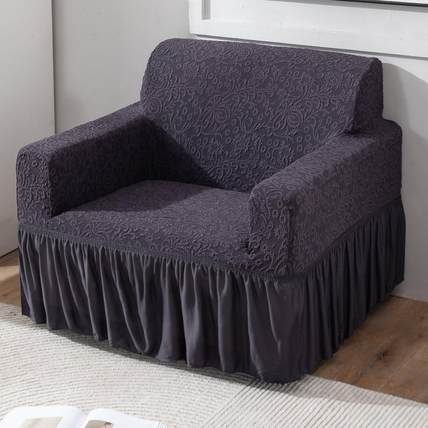 Elastic Stretchable Designer Woven Jacquard Sofa Cover with Frill, Abbey Grey