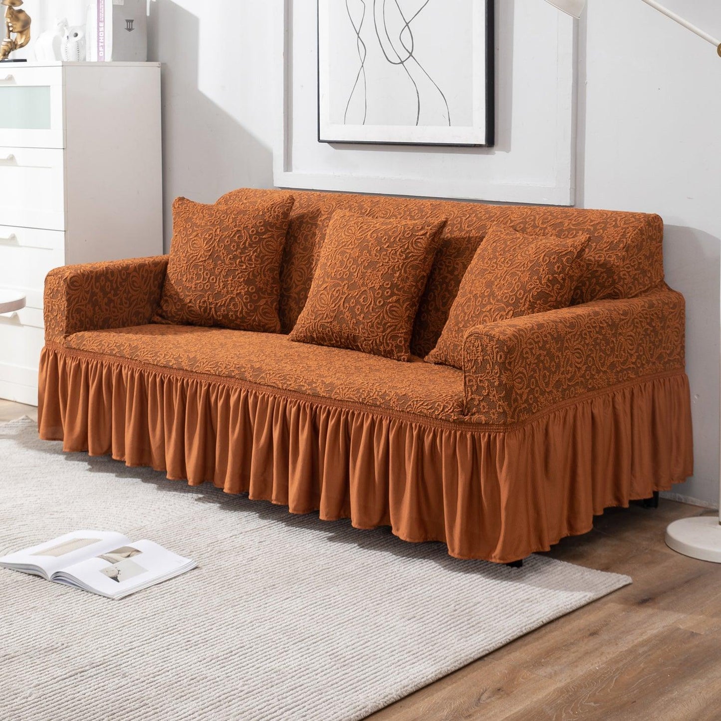 Elastic Stretchable Designer Woven Jacquard Sofa Cover with Frill, Caramel Brown