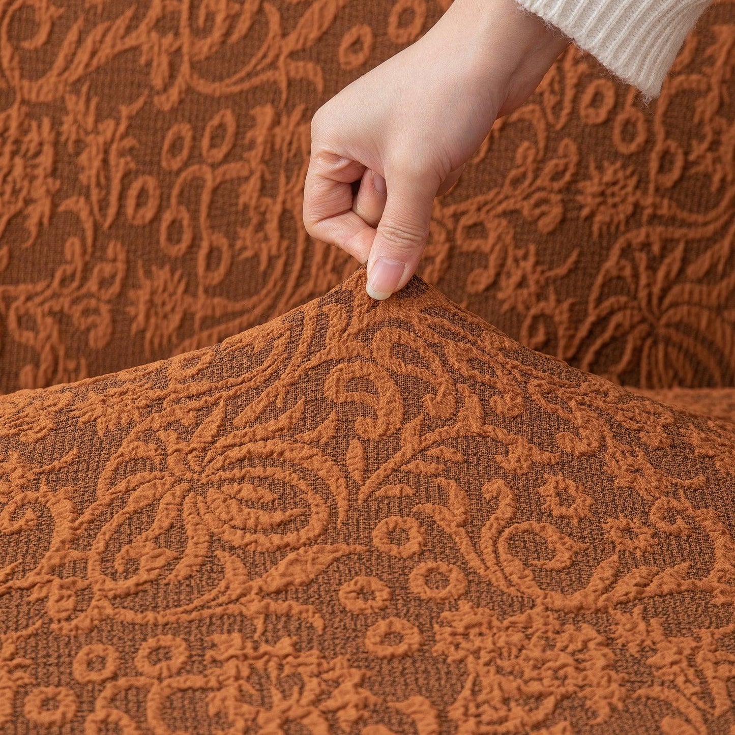 Elastic Stretchable Designer Woven Jacquard Sofa Cover with Frill, Caramel Brown
