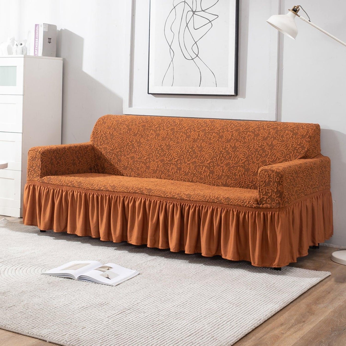 Elastic Stretchable Designer Woven Jacquard Sofa Cover with Frill, Caramel Brown