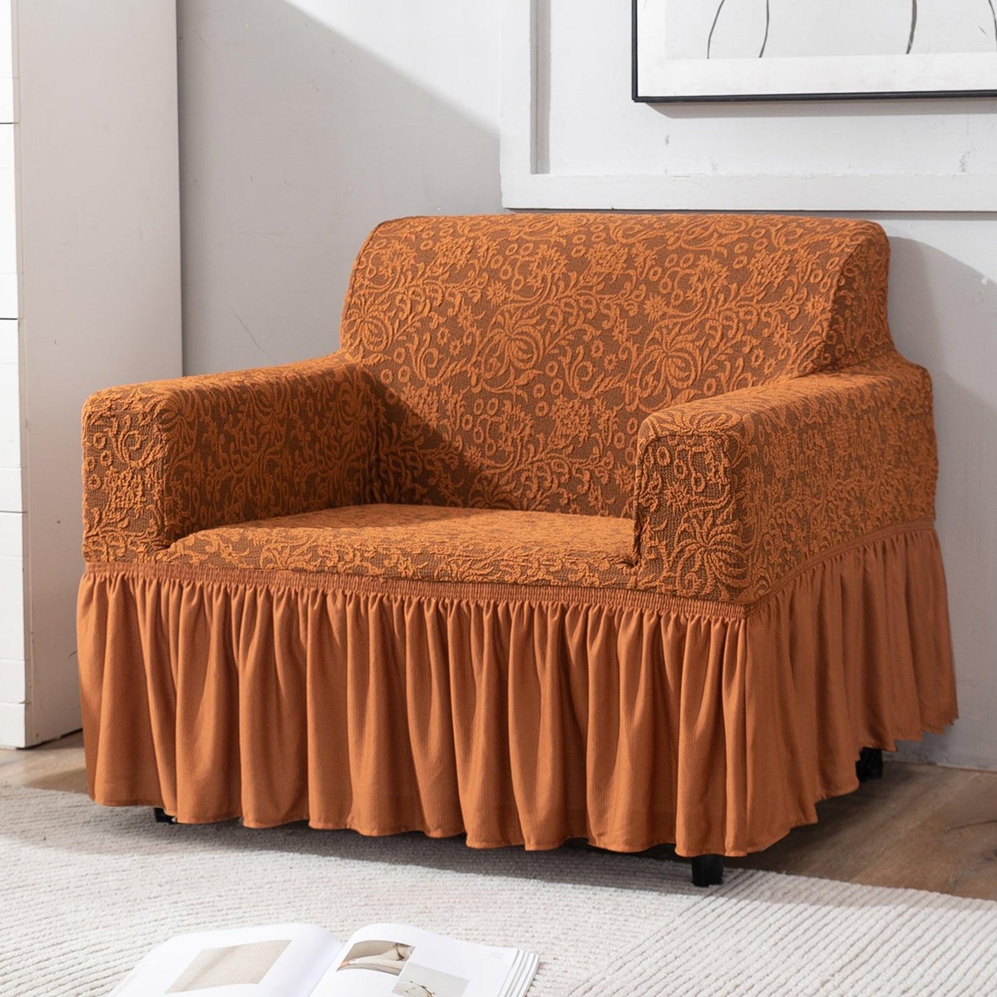 Elastic Stretchable Designer Woven Jacquard Sofa Cover with Frill, Caramel Brown