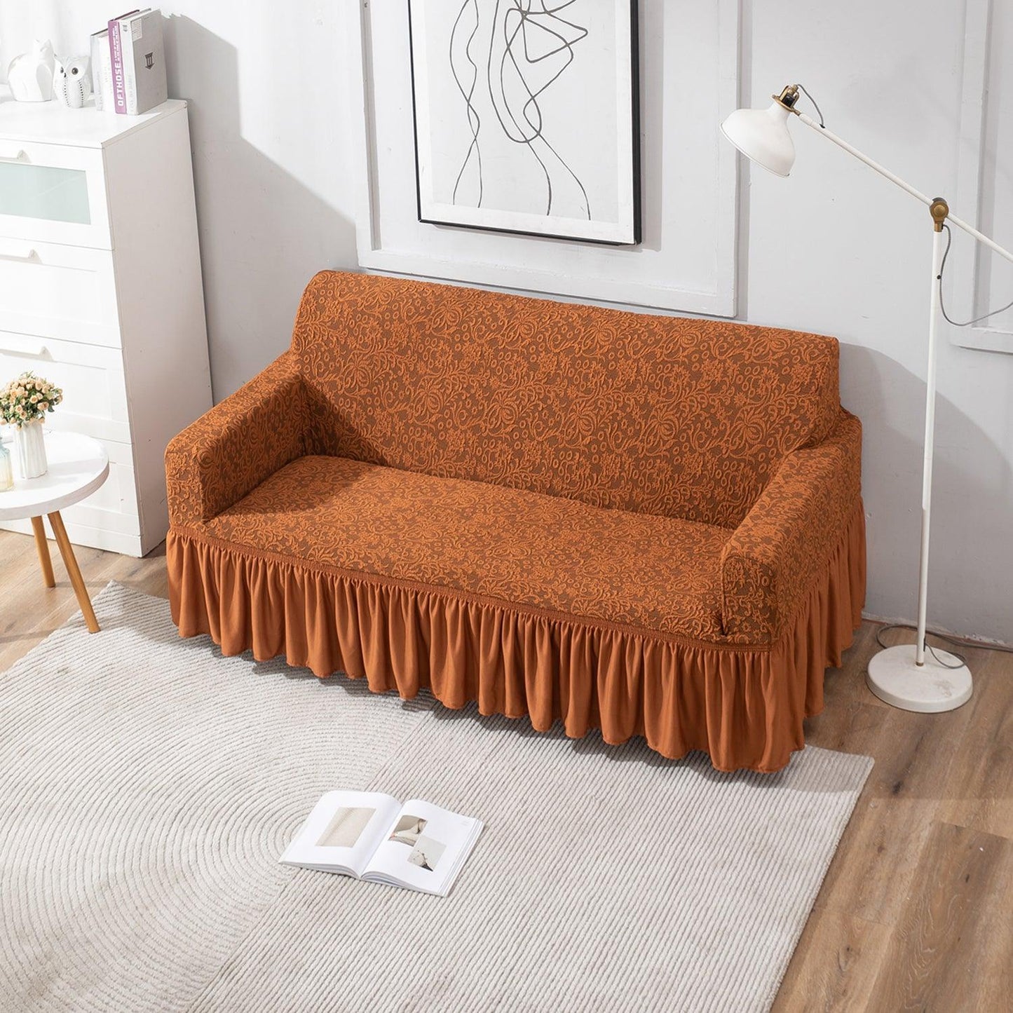 Elastic Stretchable Designer Woven Jacquard Sofa Cover with Frill, Caramel Brown
