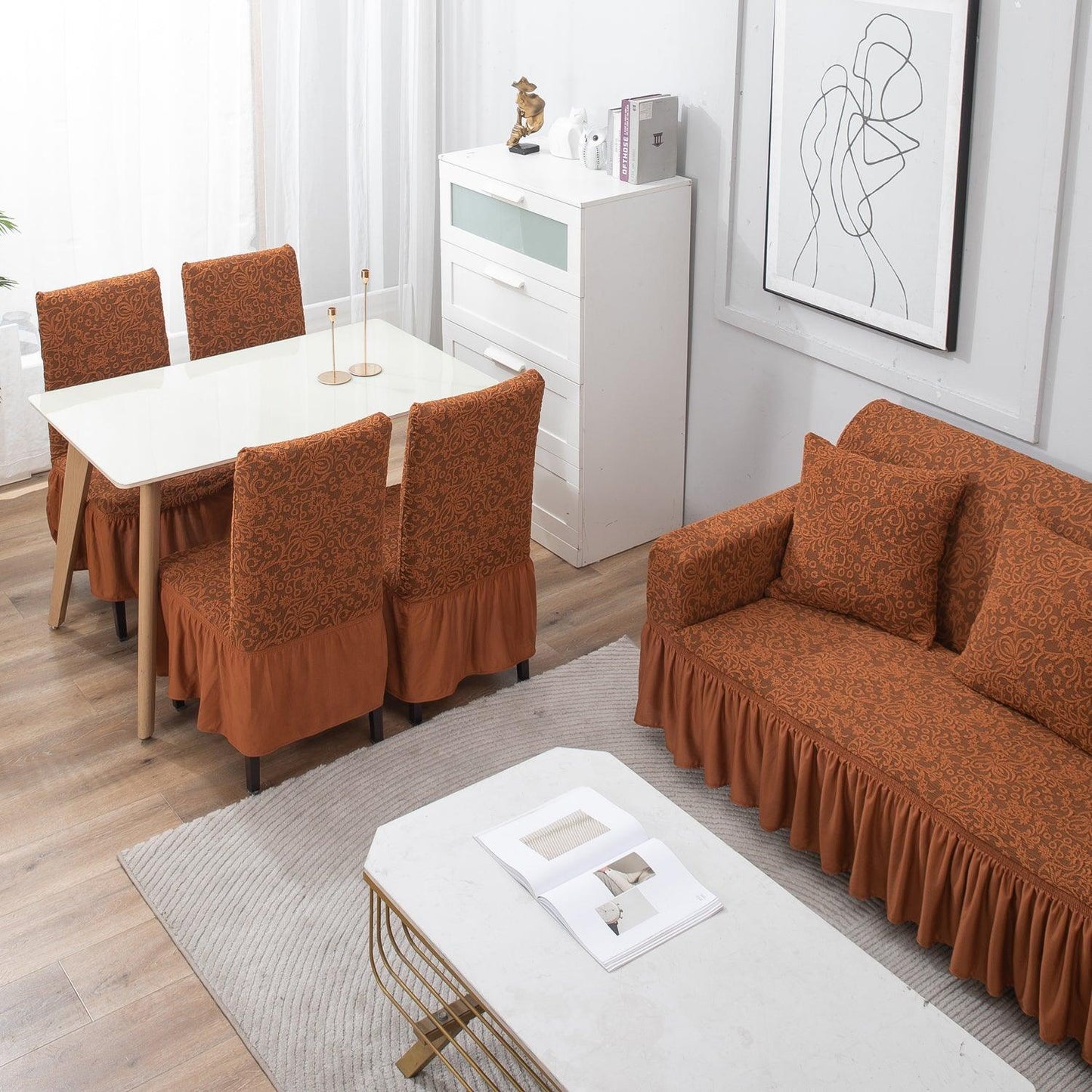 Elastic Stretchable Designer Woven Jacquard Sofa Cover with Frill, Caramel Brown