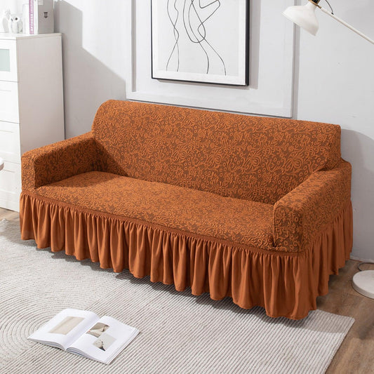 Elastic Stretchable Designer Woven Jacquard Sofa Cover with Frill, Caramel Brown