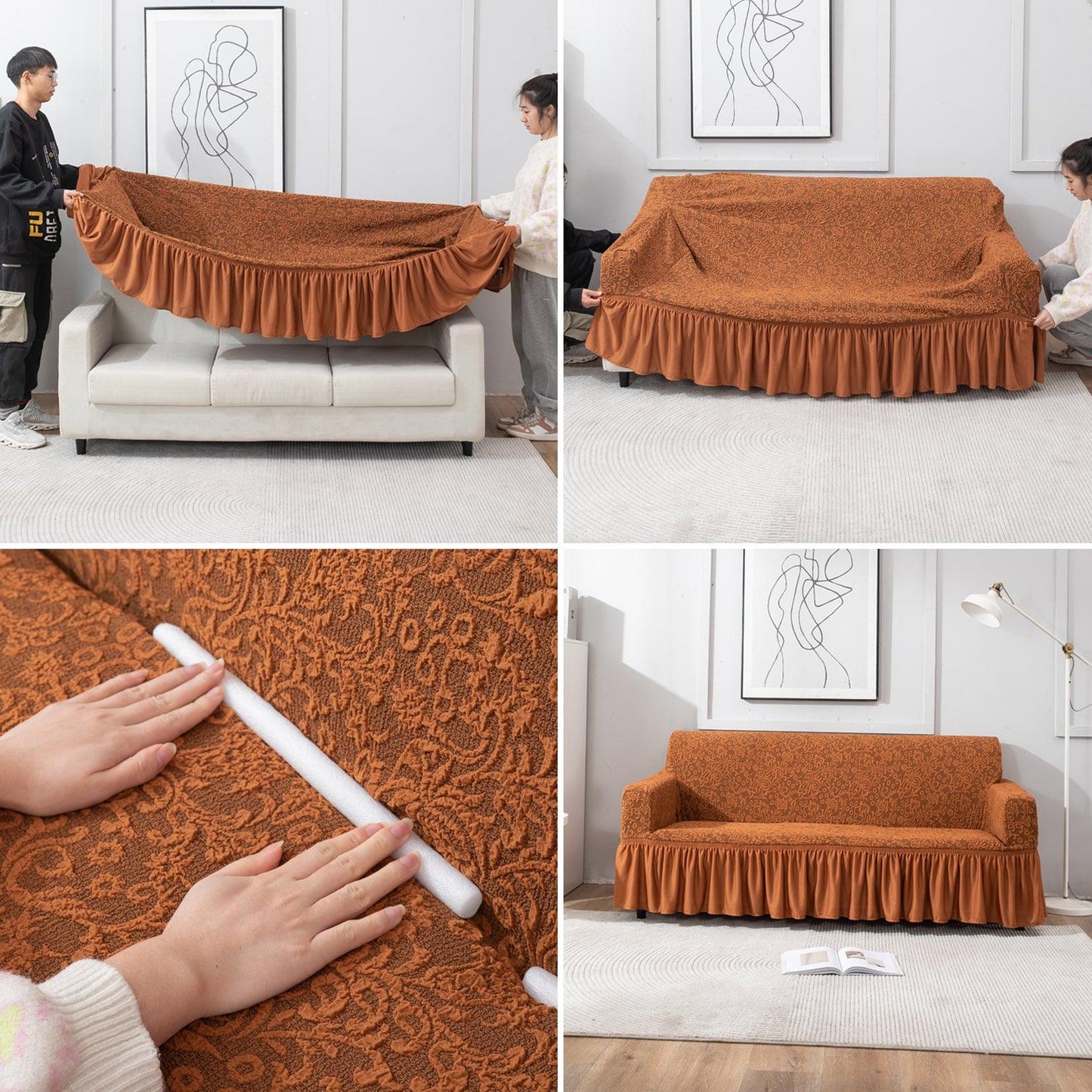 Elastic Stretchable Designer Woven Jacquard Sofa Cover with Frill, Caramel Brown