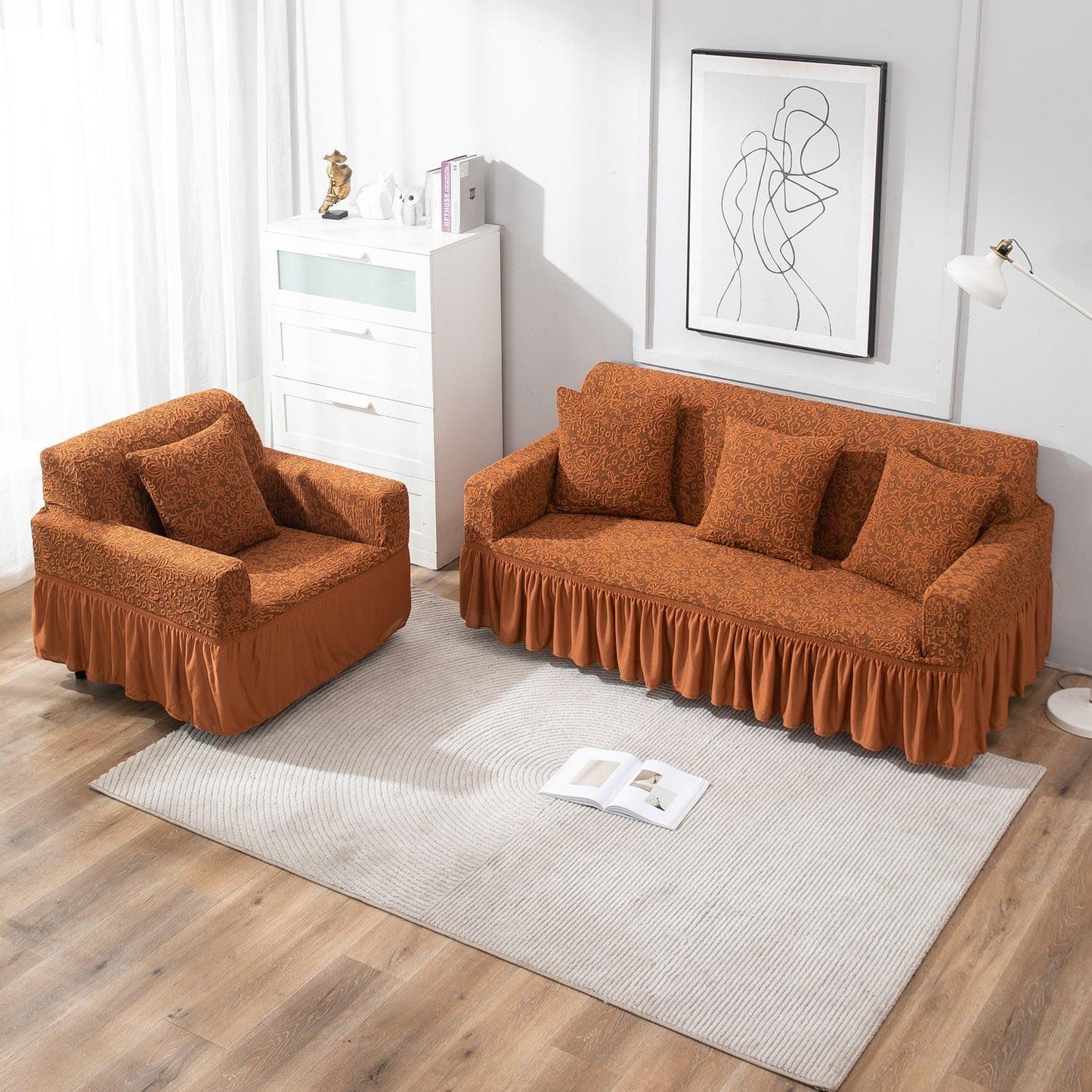 Elastic Stretchable Designer Woven Jacquard Sofa Cover with Frill, Caramel Brown