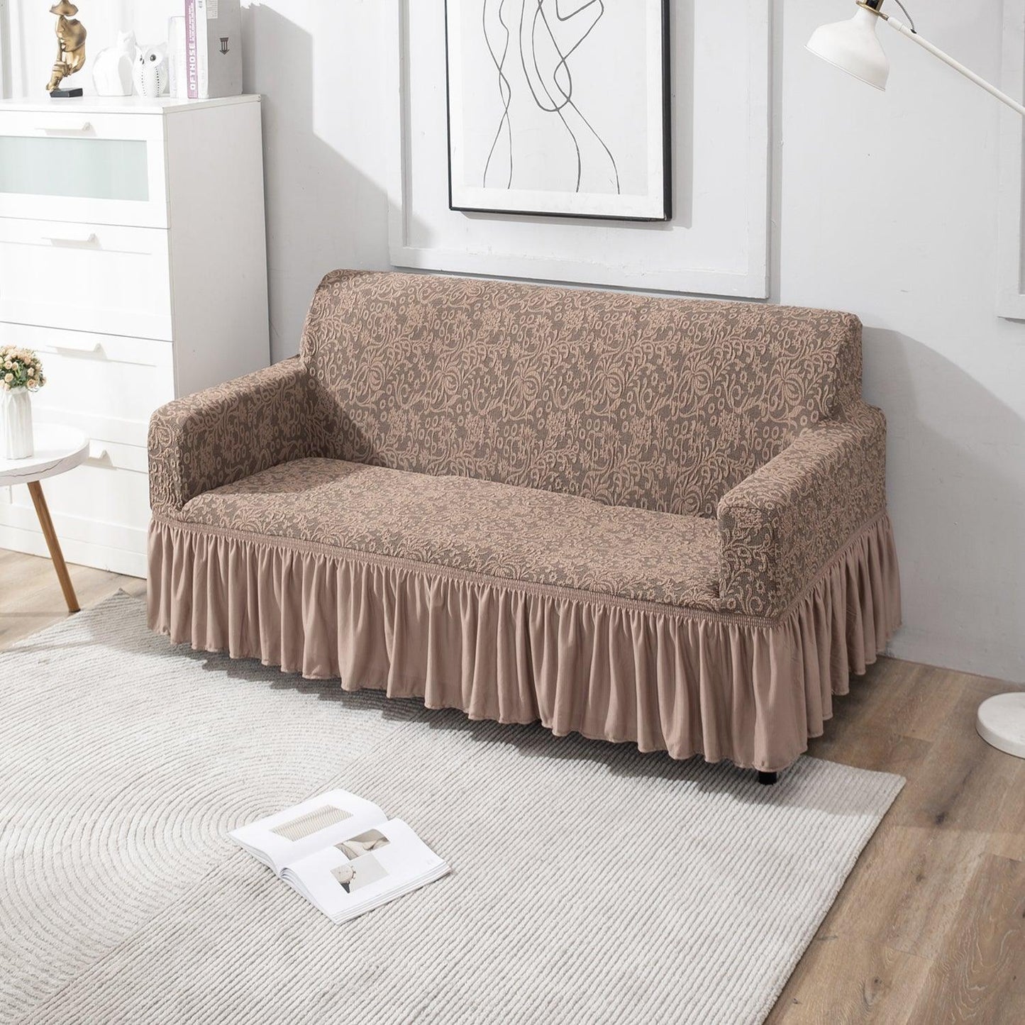 Elastic Stretchable Designer Woven Jacquard Sofa Cover with Frill, Light Taupe