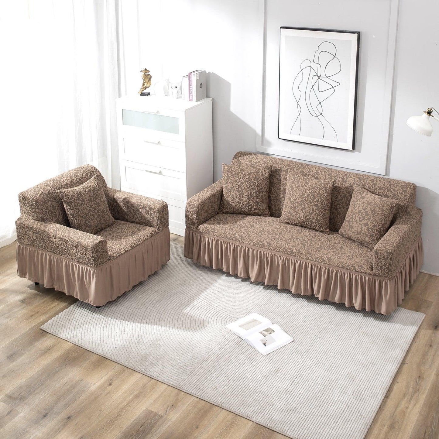 Elastic Stretchable Designer Woven Jacquard Sofa Cover with Frill, Light Taupe