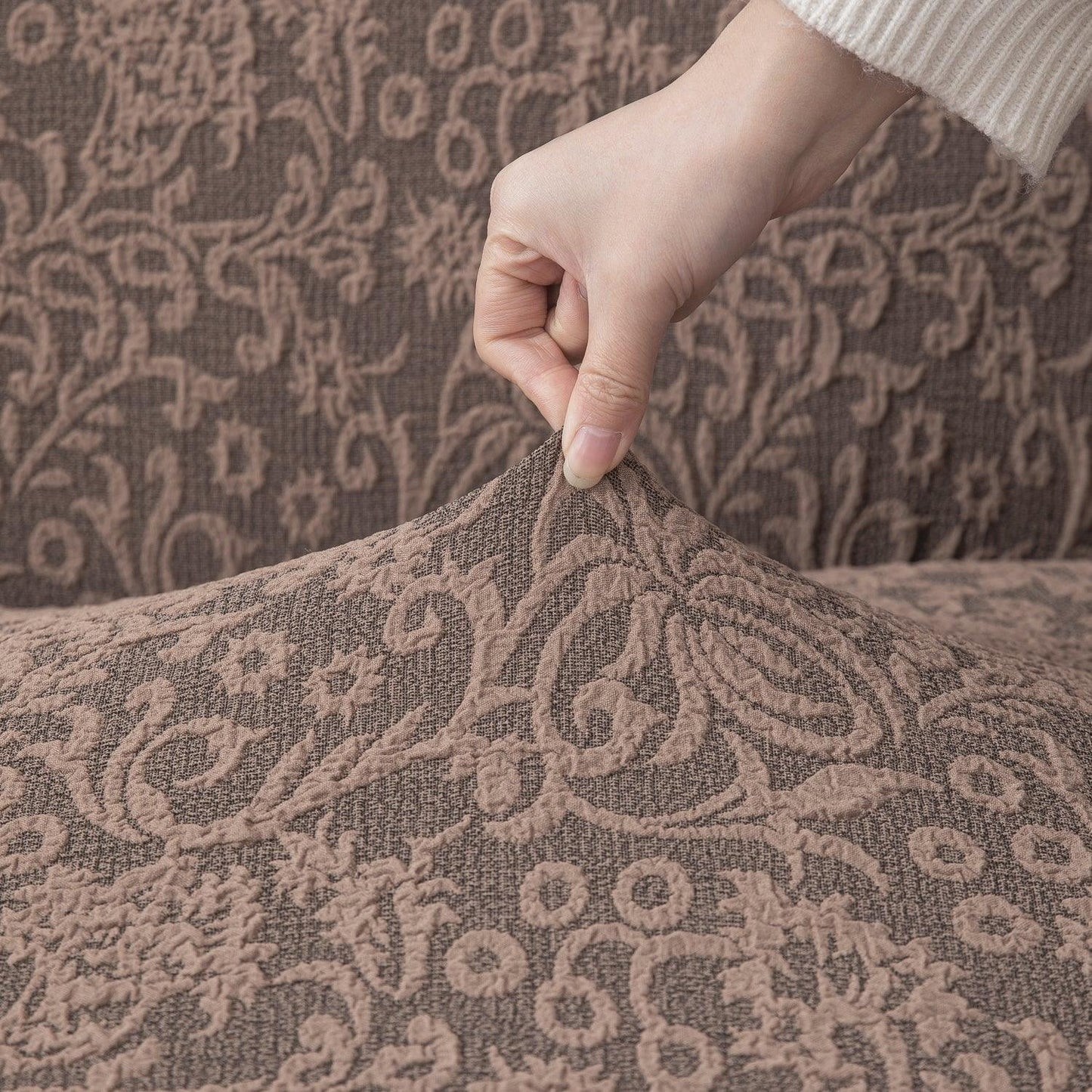Elastic Stretchable Designer Woven Jacquard Sofa Cover with Frill, Light Taupe