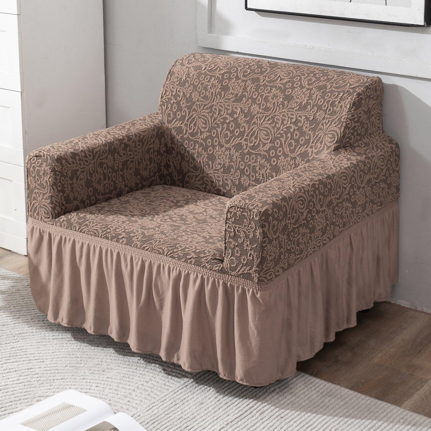 Elastic Stretchable Designer Woven Jacquard Sofa Cover with Frill, Light Taupe