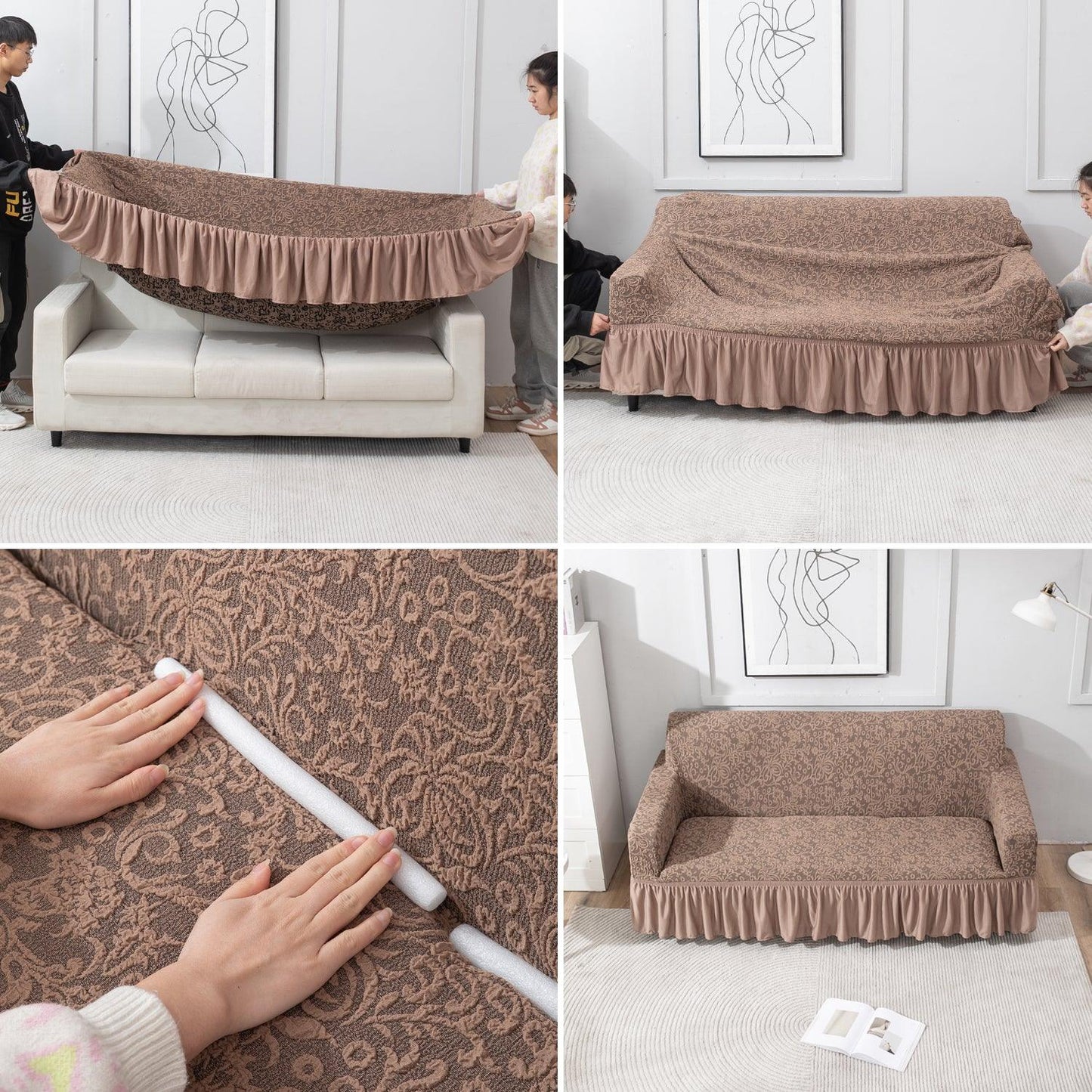 Elastic Stretchable Designer Woven Jacquard Sofa Cover with Frill, Light Taupe