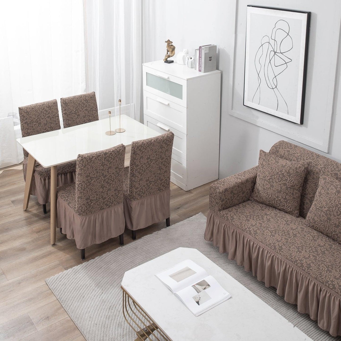 Elastic Stretchable Designer Woven Jacquard Sofa Cover with Frill, Light Taupe