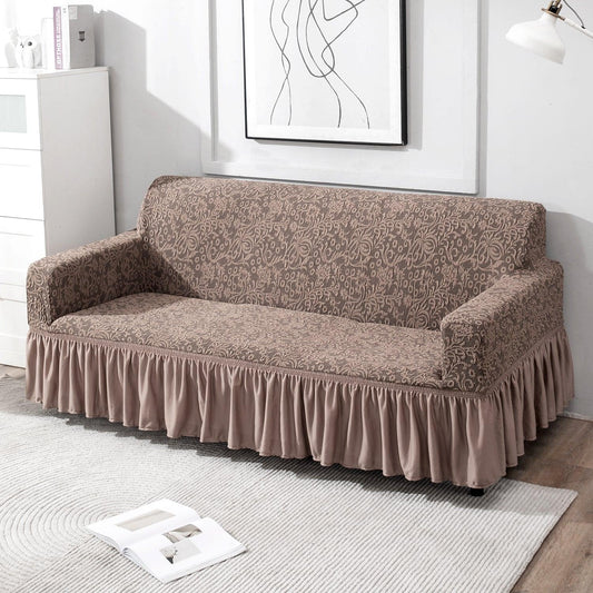 Elastic Stretchable Designer Woven Jacquard Sofa Cover with Frill, Light Taupe