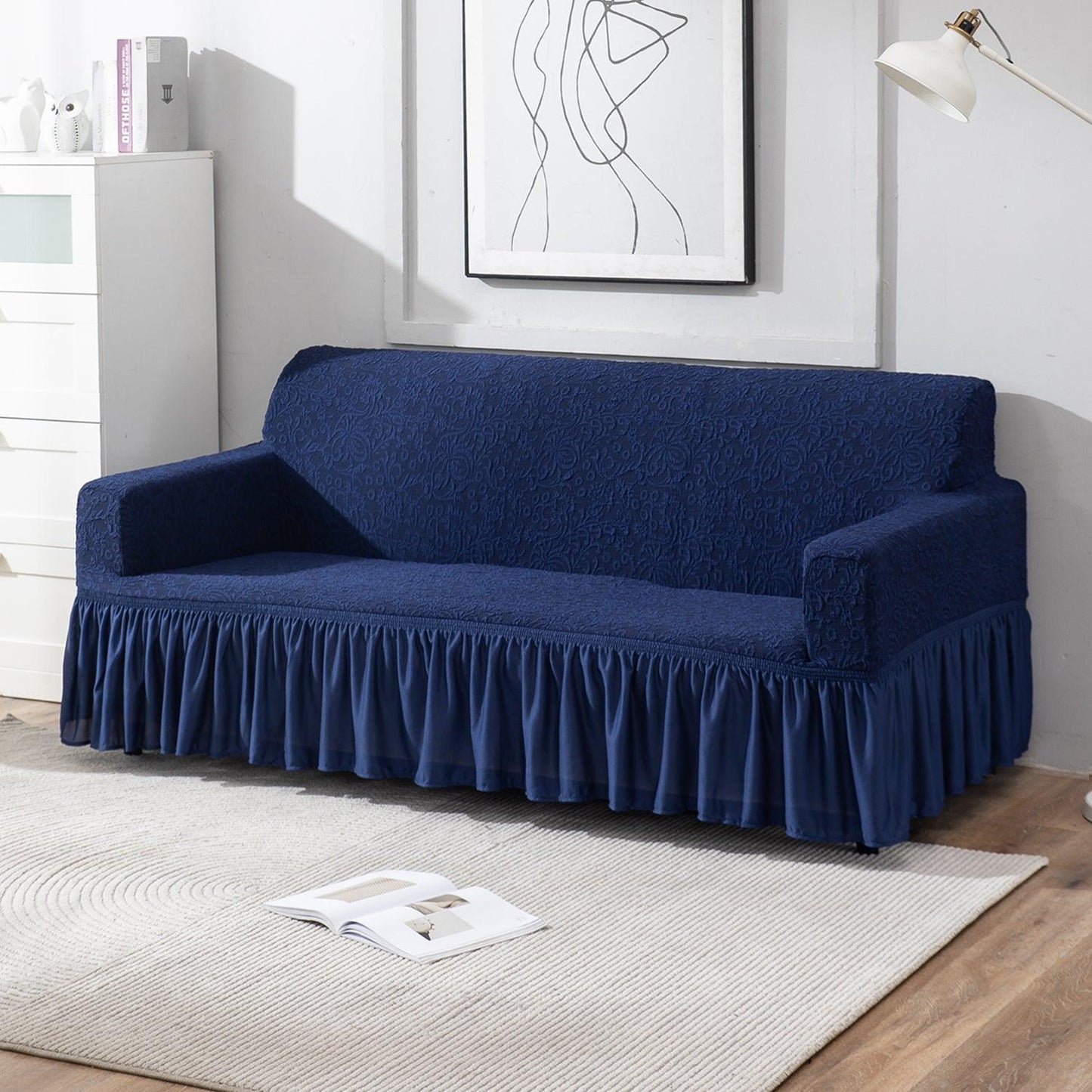Elastic Stretchable Designer Woven Jacquard Sofa Cover with Frill, Navy Blue