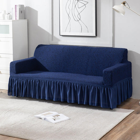 Elastic Stretchable Designer Woven Jacquard Sofa Cover with Frill, Navy Blue