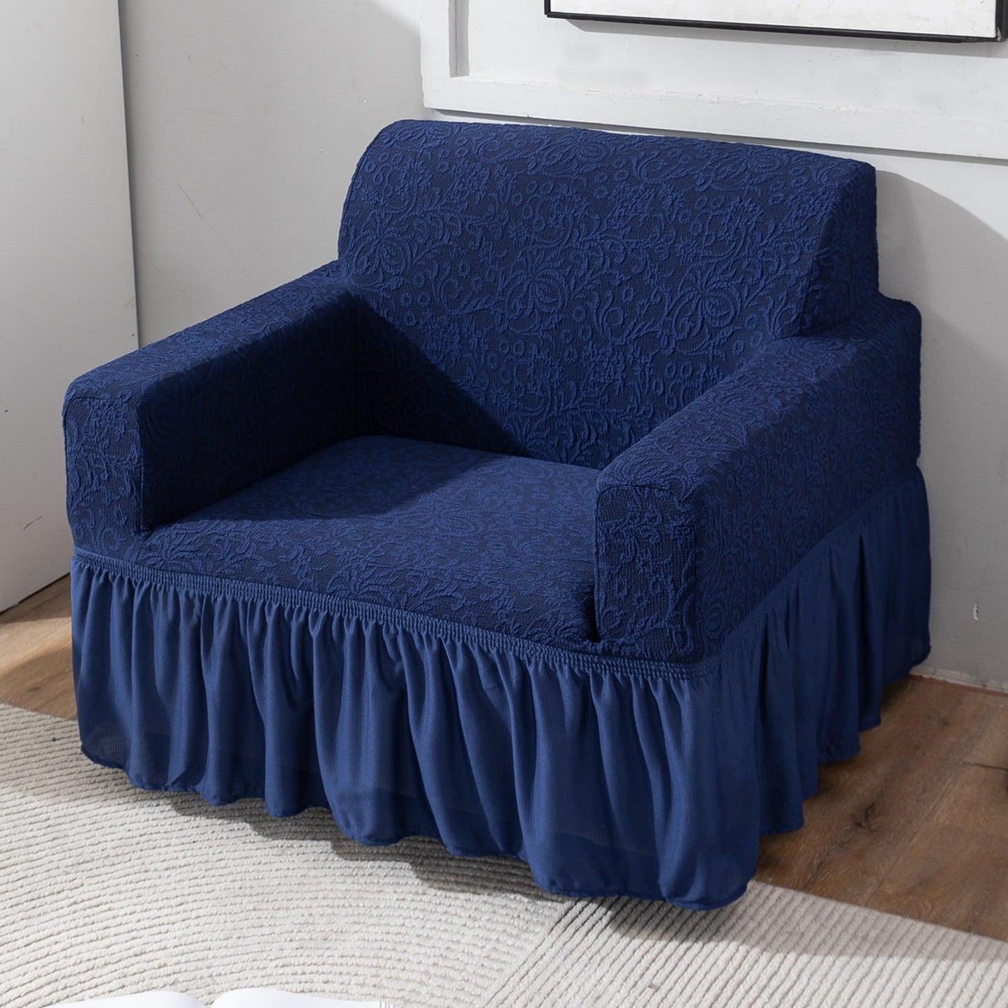 Elastic Stretchable Designer Woven Jacquard Sofa Cover with Frill, Navy Blue